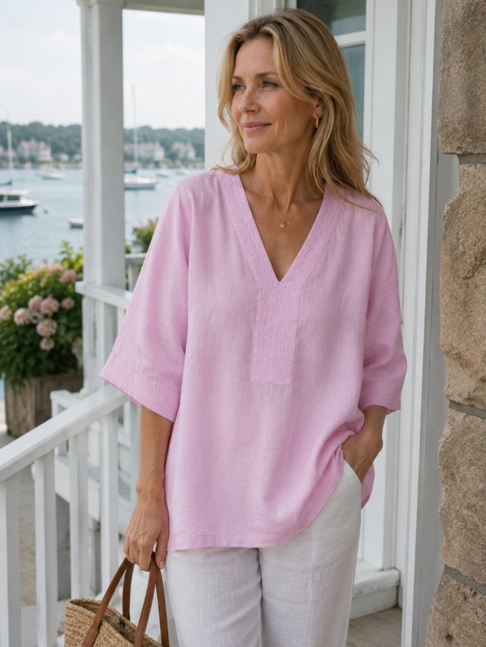 NWT SIGRID OLSEN Baby Pink Linen Blend Popover Blouse Tunic 3/4 Sleeve Beachy 2X